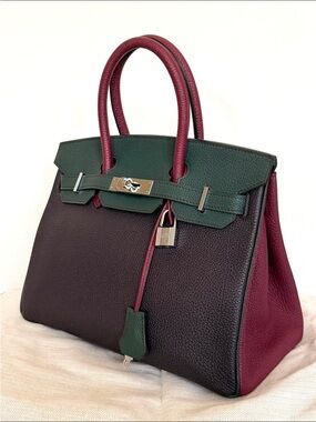 Premium Burgundy and Forest Green Leather Tote Bag H birkin 30 HSS Tri color phw